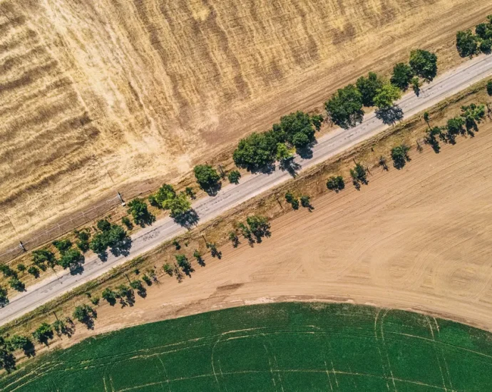 Aerial view of farm fields, road, and boundary lines